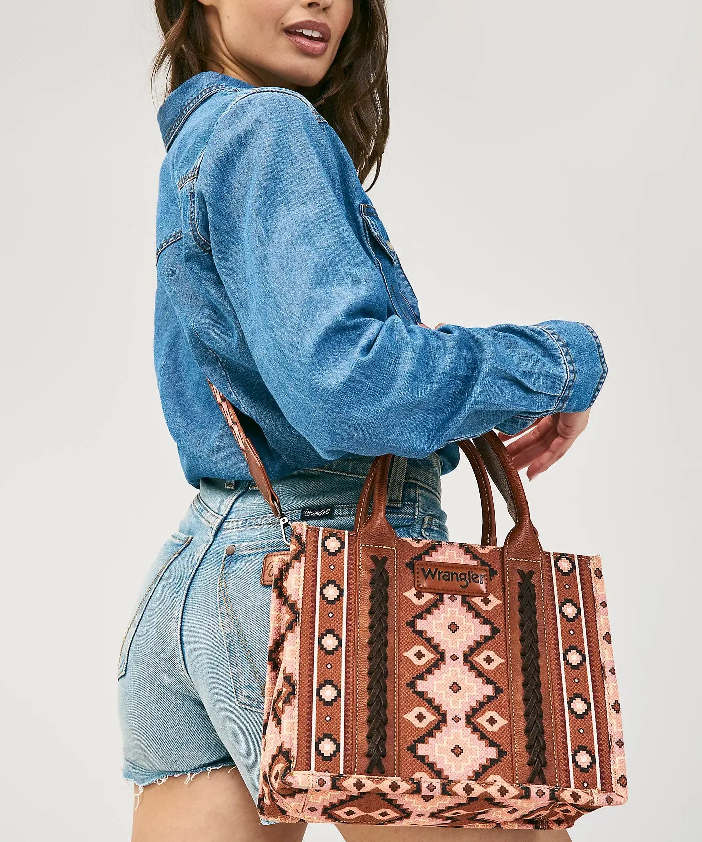 Southwestern Print Cross Body Canvas Mini Tote in Dark Brown