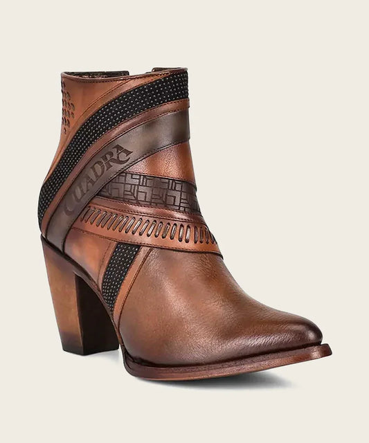 3F86RS Hand-Painted Brown Leather Ankle Bootie